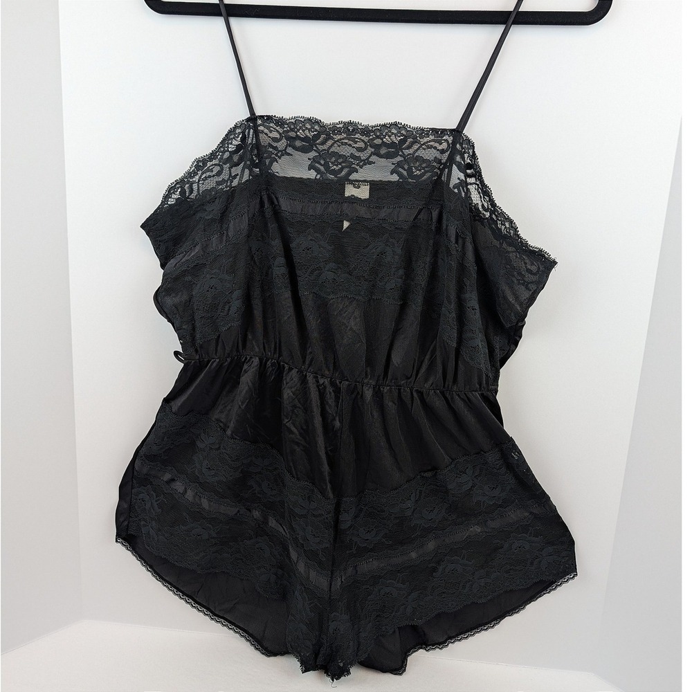 Vintage Texsheen Lingerie Black Lace Romper Teddy Made in USA Womens Large